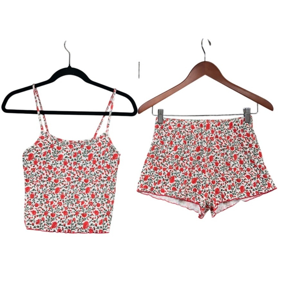 Stripe & Stare Pajama Set Womens Small Red Floral Ribbed Cami Shorts Loungewear